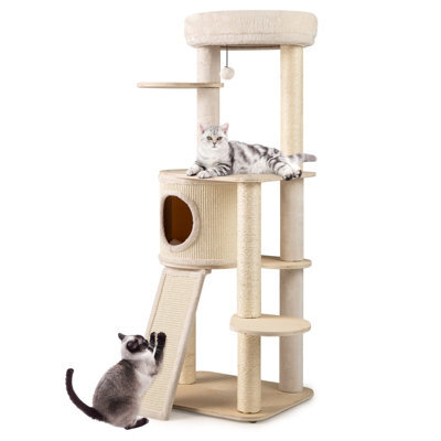 Costway 143Cm Tall Cat Tree Wooden Kitten Tower W/sisal Scratching Posts-Natural - image 1