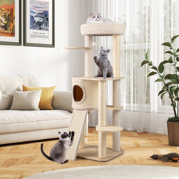 Costway 143Cm Tall Cat Tree Wooden Kitten Tower W/sisal Scratching Posts-Natural - thumbnail 4