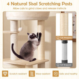 Costway 143Cm Tall Cat Tree Wooden Kitten Tower W/sisal Scratching Posts-Natural - thumbnail 7