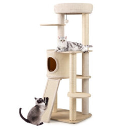 Costway 143Cm Tall Cat Tree Wooden Kitten Tower W/sisal Scratching Posts-Natural