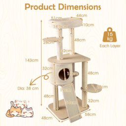 Costway 143Cm Tall Cat Tree Wooden Kitten Tower W/sisal Scratching Posts-Natural - thumbnail 2