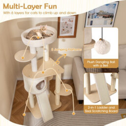 Costway 143Cm Tall Cat Tree Wooden Kitten Tower W/sisal Scratching Posts-Natural - thumbnail 8