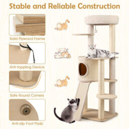 Costway 143Cm Tall Cat Tree Wooden Kitten Tower W/sisal Scratching Posts-Natural - thumbnail 9