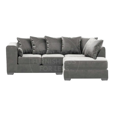 Furnishings For Less UK Ella Boxed Arm Plush Velvet 3 To 4 Seater L Shaped Corner Sofa  Grey Right Hand Facing