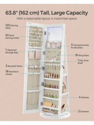 LEDREM 6 Leds Mirror Jewellery Cabinet, Swivel Jewellery Storage Organiser, Lockable, Free-Standing Frameless Full-Length Mirror - thumbnail 3