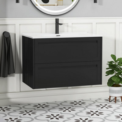 Royal Bathrooms Elmore 800mm Traditional Wall Hung 2 Drawer Bathroom Vanity Unit With Ceramic Basin Sink - Matt Nocturne Black - image 1