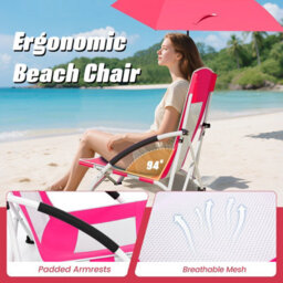 Gainoom Pink Beach Umbrella Chair Foldable Low Seat Camping Chair W/ Parasol - thumbnail 5