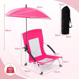 Gainoom Pink Beach Umbrella Chair Foldable Low Seat Camping Chair W/ Parasol - thumbnail 2