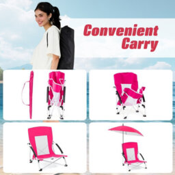 Gainoom Pink Beach Umbrella Chair Foldable Low Seat Camping Chair W/ Parasol - thumbnail 7