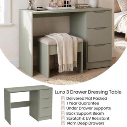 Fwstyle Luno 3 Drawer Dressing Vanity Makeup Table Home Office Desk Green - thumbnail 2