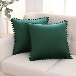 Deconovo 2 Pack Pom Pom Large Crushed Velvet Cushion Covers With Invisible Zipper 65Cm X 65Cm Forest Green - thumbnail 1