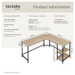 Tectake Desk Hamilton - Corner Unit, Shelf With 2 Storage Compartments 138 Cm - Industrial Wood Light, Oak Sonoma - thumbnail 6