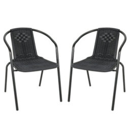 Living And Home Set Of 2 Black Vintage Style Stacking Rattan Patio Garden Chairs Outdoor Armchairs With Metal Frame - thumbnail 1