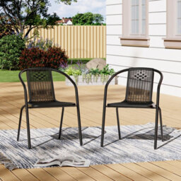 Living And Home Set Of 2 Black Vintage Style Stacking Rattan Patio Garden Chairs Outdoor Armchairs With Metal Frame - thumbnail 2