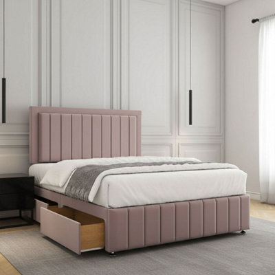 REGIONAL FURNISHINGS Pink Plush Velvet Divan Bed Set Upholstered 24Inch Headboard & Footboard & Mattress No Drawers In 3Ft 4Ft 4Ft6 5Ft 6Ft Sizes - image 1
