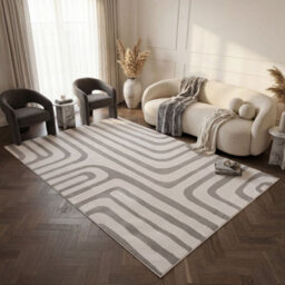 The Rugs Loft Light Grey And Ivory Curved Line Living Room Area Rug And Runners Soft Pile - thumbnail 3