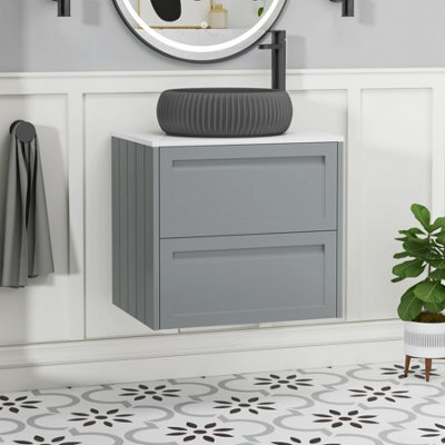Royal Bathrooms Royal Bathroom Elmore 600mm Pebble Grey Wall Mounted Bathroom Vanity Unit 2 Drawer Plain White Worktop With Milan Black Basin - image 1