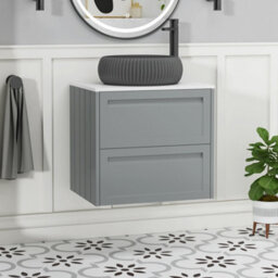 Royal Bathrooms Royal Bathroom Elmore 600mm Pebble Grey Wall Mounted Bathroom Vanity Unit 2 Drawer Plain White Worktop With Milan Black Basin - thumbnail 1