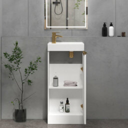 Royal Bathrooms Royal Bathroom Como 400mm Floor Standing Cloakroom Vanity Unit Ceramic Basin Sink 1 Door Gloss White With Brushed Brass Handle - thumbnail 5
