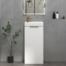 Royal Bathrooms Royal Bathroom Como 400mm Floor Standing Cloakroom Vanity Unit Ceramic Basin Sink 1 Door Gloss White With Brushed Brass Handle - thumbnail 1