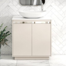 Royal Bathrooms Orion 800mm Warm Taupe Floor Standing Plain White Countertop Vanity Unit 2 Door With Cesar Basin & Chrome Accent Trim - thumbnail 1