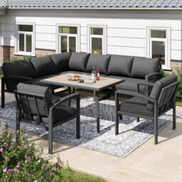 Btm Garden Lounge Set For 8, Rope Design, Wood-Look Table, Cushions - thumbnail 4