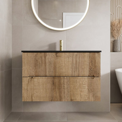 Affine 800mm Bathroom Cloakroom Vanity Unit Basin Sink Wall Hung Fluted Oak Fluted Unit - image 1