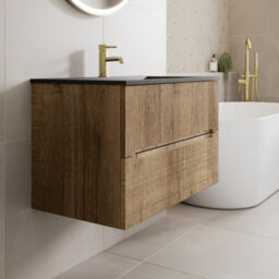 Affine 800mm Bathroom Cloakroom Vanity Unit Basin Sink Wall Hung Fluted Oak Fluted Unit - thumbnail 2
