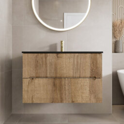 Affine 800mm Bathroom Cloakroom Vanity Unit Basin Sink Wall Hung Fluted Oak Fluted Unit - thumbnail 1