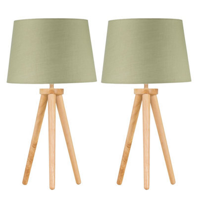 First Choice Lighting Set Of 2 Light Oak Table Lamp Or Bedside Lights With Sage Green Shades - image 1