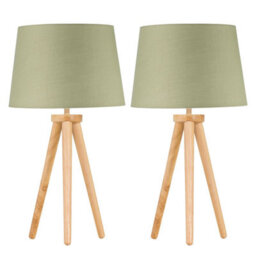 First Choice Lighting Set Of 2 Light Oak Table Lamp Or Bedside Lights With Sage Green Shades