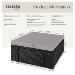 Tectake Footstool Bitonto - Durable, Uv-Resistant Polyrattan Chair, 53 X 53 X 26 Cm - Black/grey - 1 - thumbnail 6