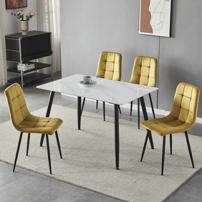 Urbn-Living Urbnliving 5Pcs Gloss White Modern Ceramic Top Dining Table & Yellow Plush Velvet Chairs With Metal Legs - image 1