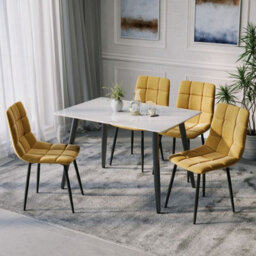 Urbn-Living Urbnliving 5Pcs Gloss White Modern Ceramic Top Dining Table & Yellow Plush Velvet Chairs With Metal Legs - thumbnail 2
