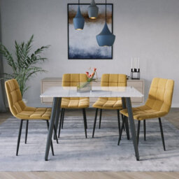 Urbn-Living Urbnliving 5Pcs Gloss White Modern Ceramic Top Dining Table & Yellow Plush Velvet Chairs With Metal Legs - thumbnail 5