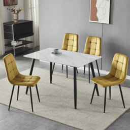 Urbn-Living Urbnliving 5Pcs Gloss White Modern Ceramic Top Dining Table & Yellow Plush Velvet Chairs With Metal Legs