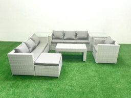 Fimous Wicker Pe Rattan Sofa Garden Furniture Set Oblong Coffee Table Armchair Big Stool 2 Side Tables Light Grey - thumbnail 1