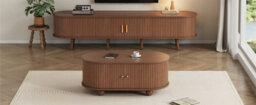 Btm Tv Stand Coffee Table Set, Tv Cabinet With 2 Drawers  Sliding Doors For 70 Tv Coffee Table, Dark Walnut, Mdf - thumbnail 7
