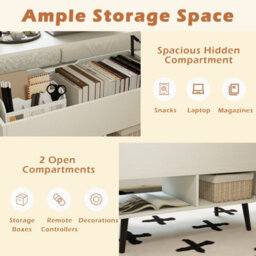 Gainoom White Lift Top Coffee Table Mid Century Modern Accent Table With Hidden Compartment & Open Storage Shelves - thumbnail 7