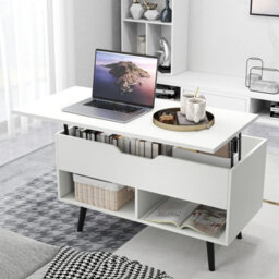 Gainoom White Lift Top Coffee Table Mid Century Modern Accent Table With Hidden Compartment & Open Storage Shelves - thumbnail 4