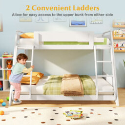Costway Single Over Double Bunk Bed 2-In-1 Convertible Wood Bed Frame With 2 Ladders-White - thumbnail 8