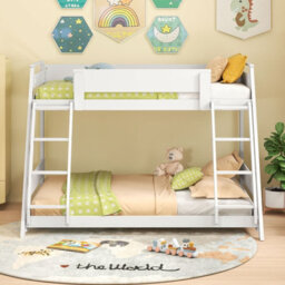 Costway Single Over Double Bunk Bed 2-In-1 Convertible Wood Bed Frame With 2 Ladders-White - thumbnail 4