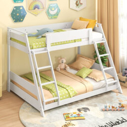 Costway Single Over Double Bunk Bed 2-In-1 Convertible Wood Bed Frame With 2 Ladders-White - thumbnail 5