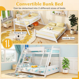 Costway Single Over Double Bunk Bed 2-In-1 Convertible Wood Bed Frame With 2 Ladders-White - thumbnail 6