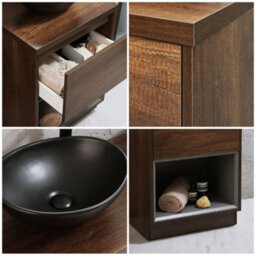 Homestylestore Dark Oak 600mm Bathroom Vanity Unit Oval Countertop Graphite Basin Open Shelf - thumbnail 2