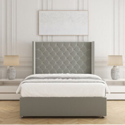 Bsspoke Winchester Divan Bed Set Silver Plush Velvet 54Inch Wingedback Headboard & Mattress & No Drawers All Sizes Available - thumbnail 1