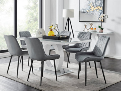 Furniturebox Giovani Rectangular 6 Seat White High Gloss Unique Halo Base Dining Table Grey Glass Top 6 Grey Velvet Black Leg Pesaro Chairs - image 1