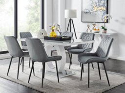 Furniturebox Giovani Rectangular 6 Seat White High Gloss Unique Halo Base Dining Table Grey Glass Top 6 Grey Velvet Black Leg Pesaro Chairs - thumbnail 1