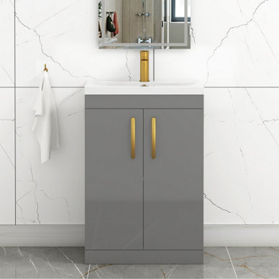 Royal Bathrooms Turin Indigo Grey Gloss 600mm Floor Standing Vanity Unit 2 Door With Mid-Edge Basin Sink & Brushed Brass Handles - image 1