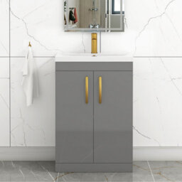 Royal Bathrooms Turin Indigo Grey Gloss 600mm Floor Standing Vanity Unit 2 Door With Mid-Edge Basin Sink & Brushed Brass Handles